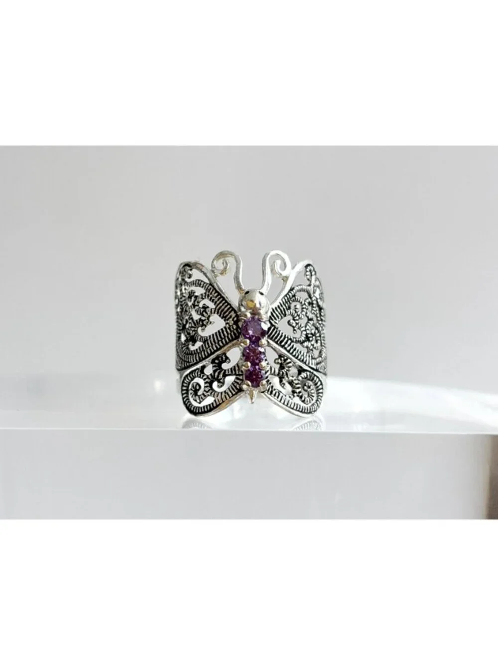 Butterfly Figural Amethyst Gemstone Sterling Silver 925 Vintage Ring - sz 8.5